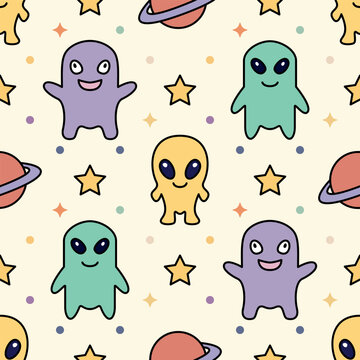 Cute kawaii space alien monster and planet seamless pattern