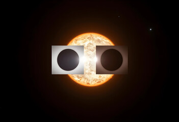 Fototapeta premium Solar eclipse and astronomy science, total sun obscuration with celestial alignment and cosmic event in deep space, planetary motion and stellar observation