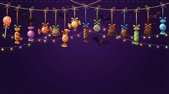 Halloween background with sweet candy and chocolate hanging on rope over dark purple wallpaper.