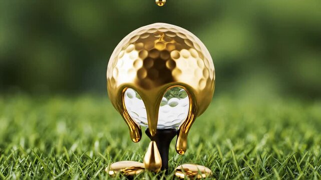 Liquid Gold Pouring Over A Glass Golf Ball On Green Grass