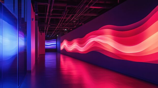 Modern neon hallway with vibrant light waves; futuristic, interactive
