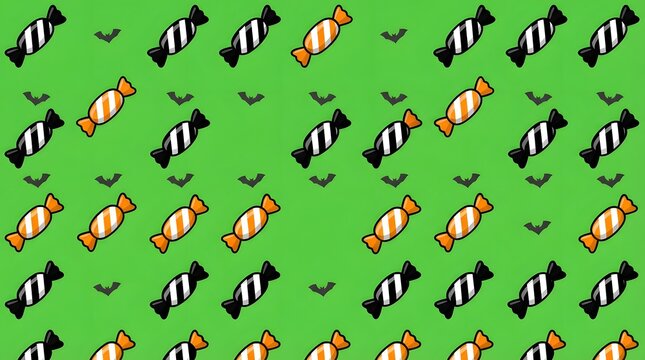 Halloween candy pattern with orange and black striped sweets on bright green background flat.