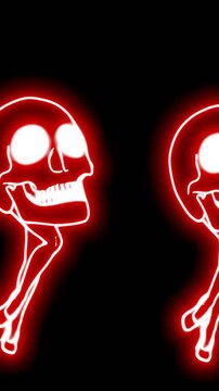 Seamless vertical video of a walking skulls isolated with copy space. Funny halloween background with neon fluorescent effect for parties and events.