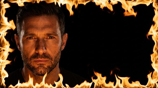 Intense Male Portrait Surrounded by Flames Against a Dark Background