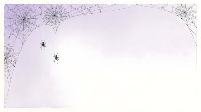 Spider webs and spiders in corner frame on soft pale purple gradient background for halloween.