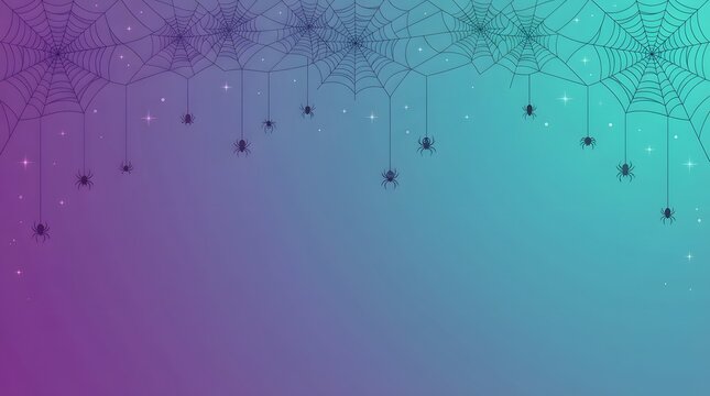 Spiders dangling from complex webs across multicolored gradient background for festive decor.
