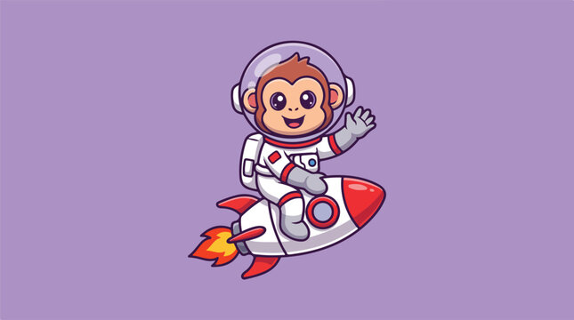 Cute Monkey Astronaut Riding Rocketship Waving Hello.
