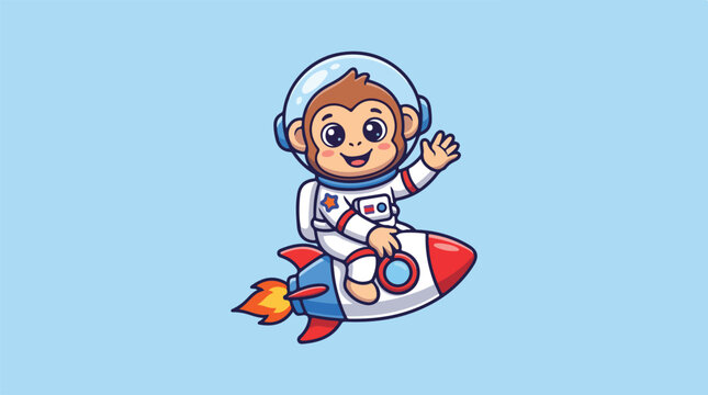 Cute Monkey Astronaut Riding Rocketship Waving Hand.