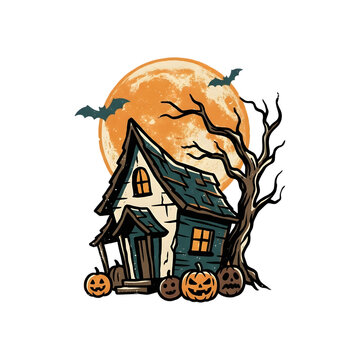 Vintage Halloween Haunted Cottage House with Full Moon T-Shirt Design PNG.