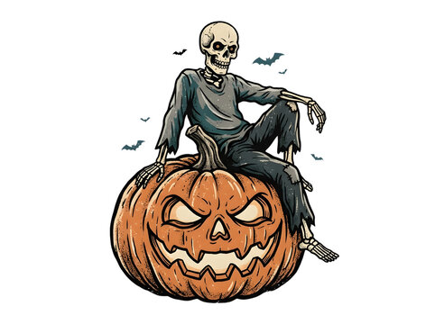 Vintage Skeleton Sitting on Jack O Lantern Pumpkin Halloween T-Shirt Design PNG.