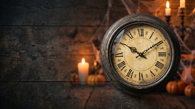 Vintage antique clock with roman numerals standing on dark wooden table surrounded by glowing candles and halloween pumpkins