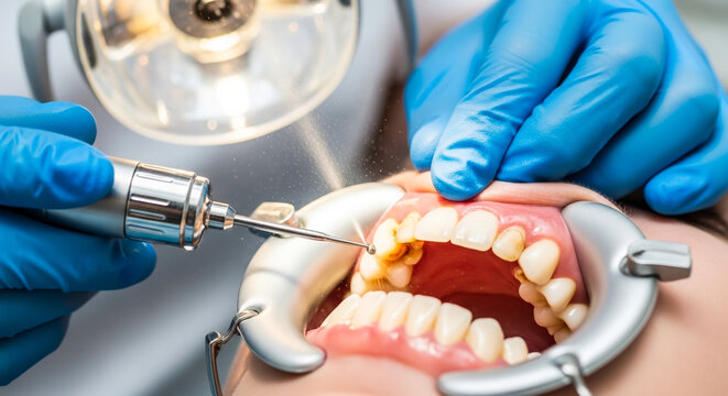 A dental procedure is underway, showcasing tools and techniques. A person reclines with a dental retractor in their mouth, exposing the teeth. 