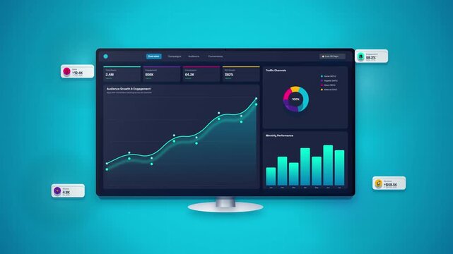 Modern business analytics dashboard on computer monitor with interactive data visualization and performance growth charts