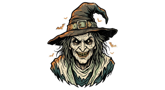 Vintage Creepy Witch Portrait Halloween T-Shirt Design PNG.