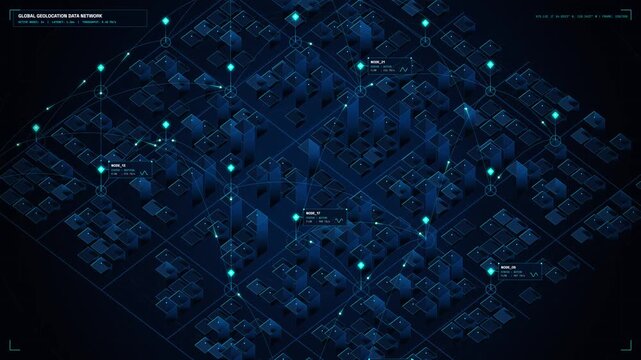 Isometric smart city digital infrastructure map with glowing neon nodes and technology grid