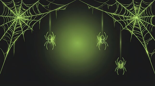 Spiders hanging from glowing green spiderwebs isolated on dark background for halloween party.