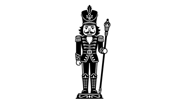 Traditional Christmas Nutcracker Soldier Silhouette Graphic with Staff and Uniform Detail for Festive Holiday Greeting Cards and Winter Designs
