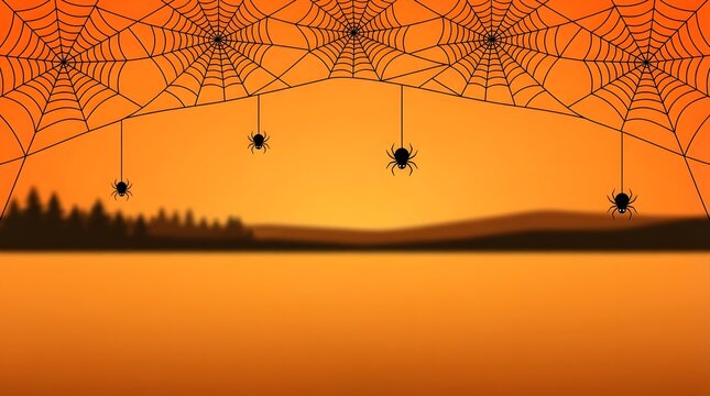 Spiders hanging from orange sunset landscape silhouettes with intricate cobwebs top border art.