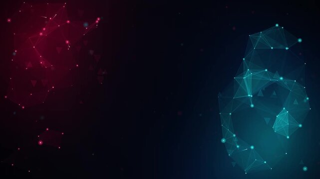 Abstract blue and red plexus network connections glowing on dark technology background with copy space