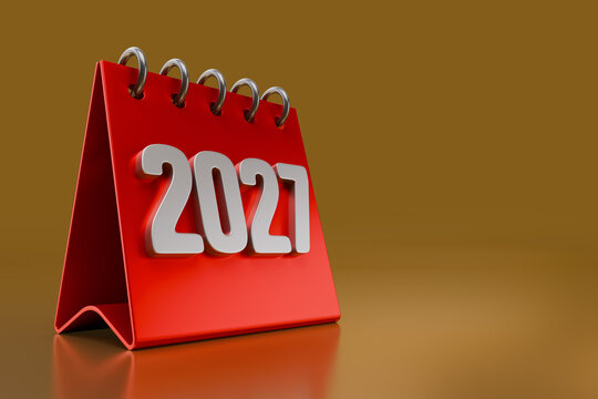 Pink desk calendar showing year 2027 on copper background