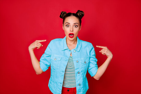 Photo of pretty lady with open mouth indicating finger on herself wear casual stylish outfit isolated red background