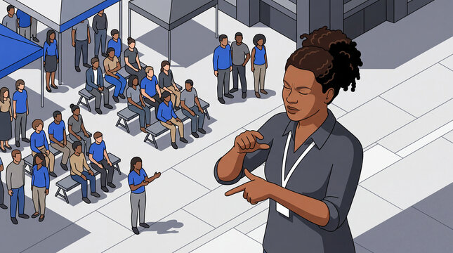 Black woman sign language interpreter signing at outdoor gathering in midday sun