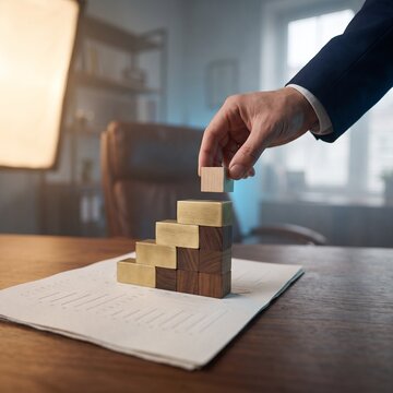 Concepto de crecimiento empresarial: mano de un empresario en traje azul marino colocando bloques de madera y lat&oacute;n en forma de escalera ascendente sobre un informe financiero durante una reuni&oacute;n de e