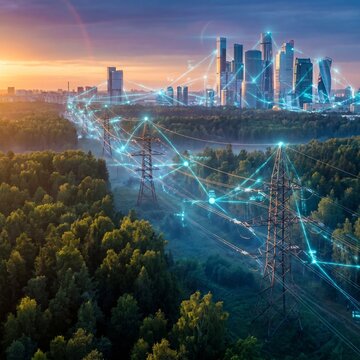 Concepto de red el&eacute;ctrica inteligente: torres de alta tensi&oacute;n entre un bosque verde con l&iacute;neas digitales azules conectando con el horizonte de la ciudad durante el atardecer en una vista a&eacute;rea futuris