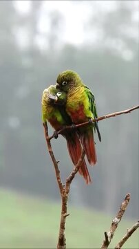 Two beautiful conure parrots perched together on a branch