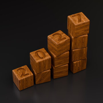 Wooden cubes forming an ascending bar chart showing the year 2027