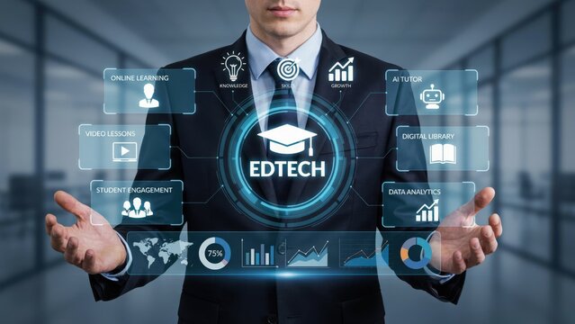 Businessman presenting educational technology and data analytics on a screen