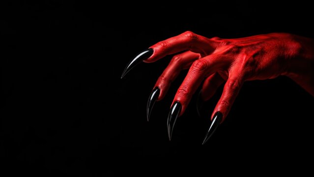 Creepy red demon hand with sharp black claws against a dark background