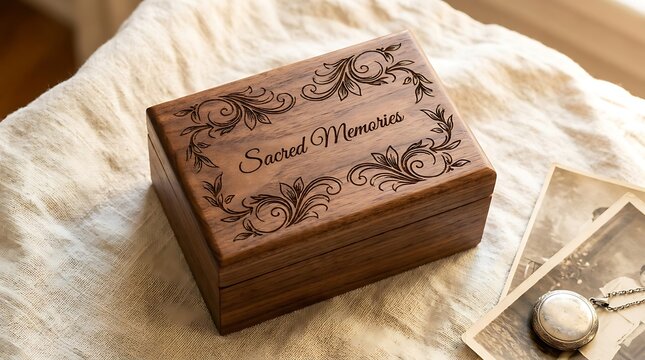 A beautiful small wooden box with the words Sacred Memories engraved on the lid sitting on a soft white fabric cloth