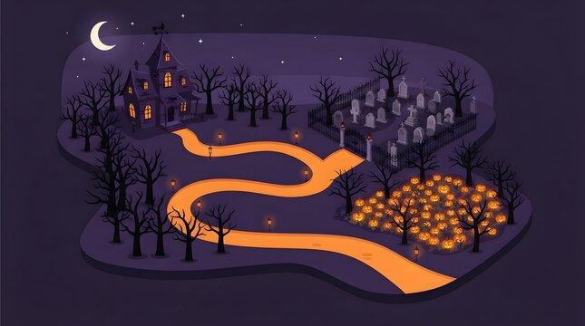 Isometric halloween scene with haunted house graveyard pumpkins and glowing pathway at night.