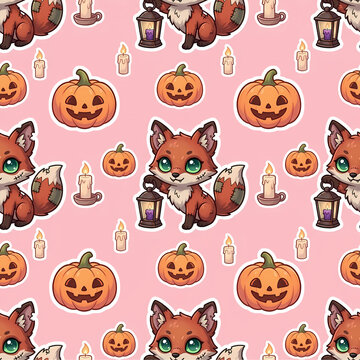 Cute Halloween seamless pattern with zombie fox, pumpkins and candles on pink background   