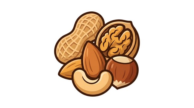 Vector illustration of various healthy nuts including peanut, almond, walnut, cashew, and hazelnut isolated on a white background.