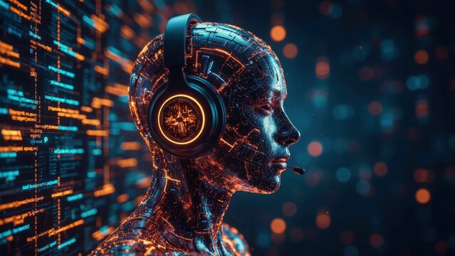 Cyborg humanoid wearing headphones against digital data streaming background