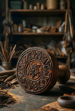 Craftsmanship and artisan heritage, ornate wooden stamp with floral carving on a rustic workbench in a traditional workshop for handmade design projects
