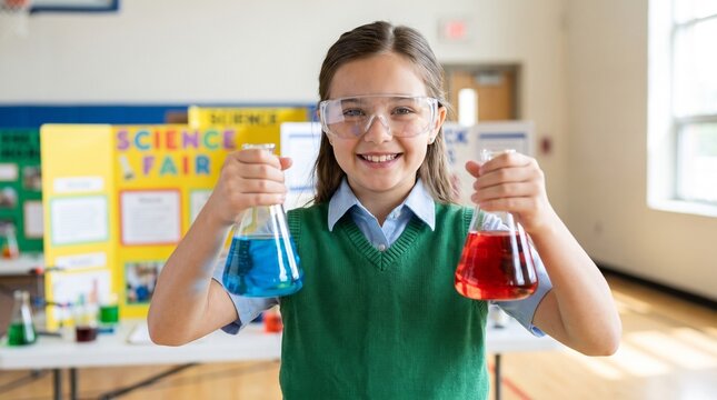 Smiling Girl Holding Chemical Flasks At School Science Fair