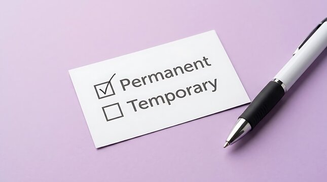 A small white card with permanent checked and temporary unchecked boxes next to a ballpoint pen on a purple surface
