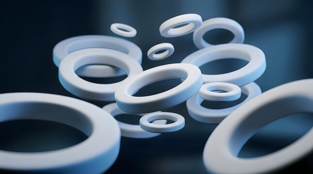 A collection of white toroidal shapes floats against a blurred dark blue background in a 3d render
