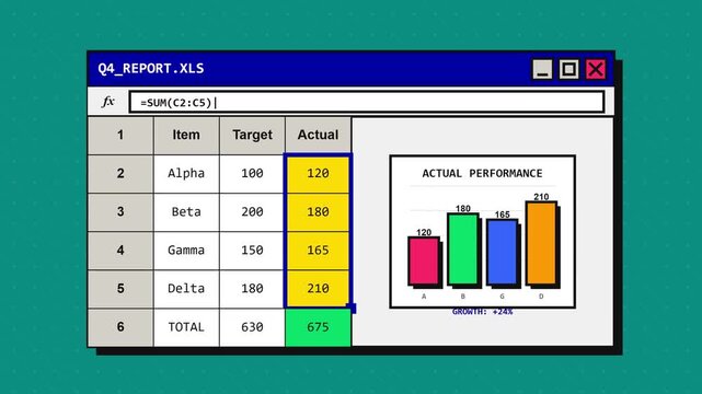 A professional spreadsheet software interface displays comprehensive quarterly performance reports featuring color coded bar charts alongside tabular data entries to evaluate business