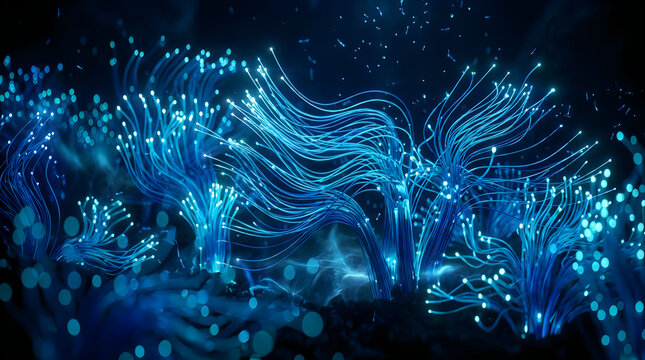 Abstract blue light trails resembling neural connections form a dynamic futuristic digital network azure bioluminescence bright