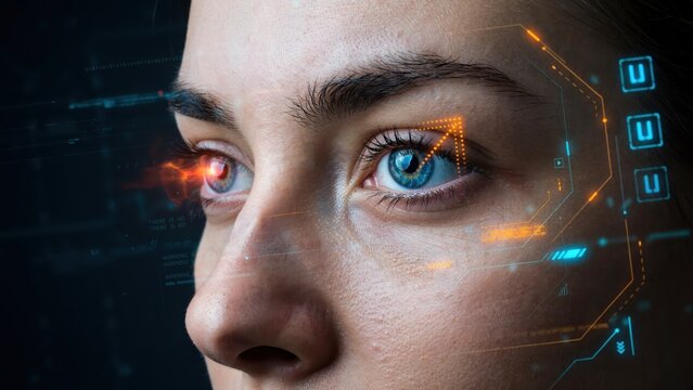 Close up of a human eye with digital biometric scanning interface overlay