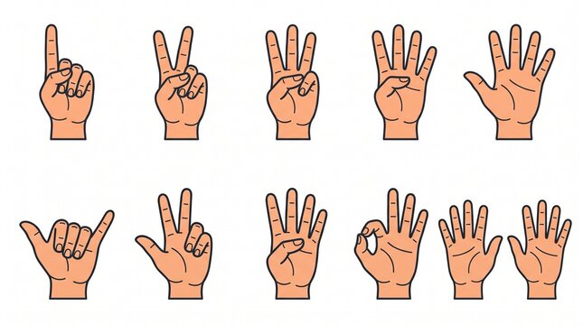 Hand counting gesture icons set. Vector flat cartoon linear illustrations of human hands showing numbers from one to ten with distinct finger counts isolated on white background.
