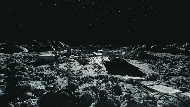 Moon surface panorama with survey outpost and cratered horizon, starry sky and remote module at edge of rocky slope, stark regolith textures, highcontrast
