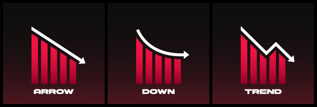 Down graphic trend with arrow isolated on dark background with red glowing effect. Falling graph with red indicator show the loss of assets. Stock exchange concept. Trader loss. Vector illustration.