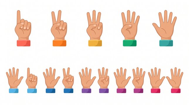 Flat cartoon hand counting number gestures illustration set. Vector clean design of human hands showing finger counts from one to ten with colorful cuffs on white background.
