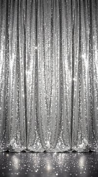 Shimmering silver sequin curtain backdrop with sparkling glitter reflections on stage floor for party and celebration events