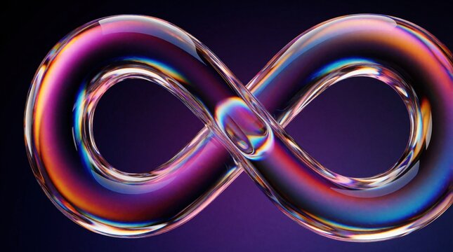 Colorful transparent glass infinity symbol with smooth reflective surface on dark gradient background. Vibrant rainbow hues glow inside 3D loop shape. Abstract liquid design shows fluid motion,